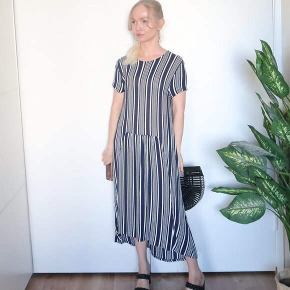 Zara Navy & White Striped Knitted Short Sleeve Loose Fit Maxi Dress Size M - Picture 12 of 12